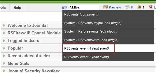 Search RSEvents! events in the backend Joomla! panel